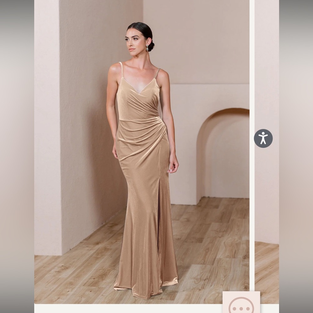 Revelry Rory bridesmaids dress in color champagne gold. Size 6. Petite length